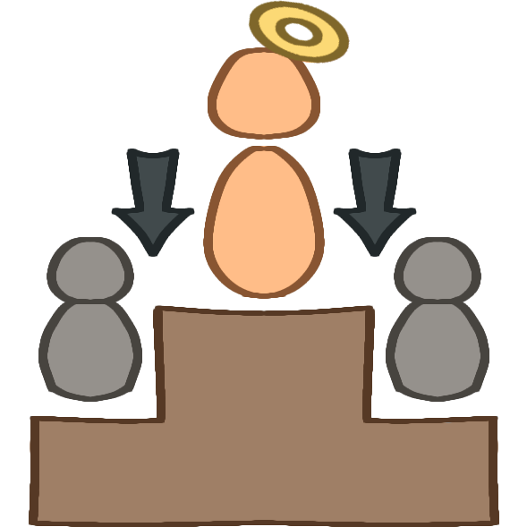A tiered winners’ podium with three simple, humanoid figures on it. The figure at the top of the podium is orange and has a golden halo on their head. Two downward pointing arrows sit next to them. The two figures below them on the podium are grey and slightly smaller.